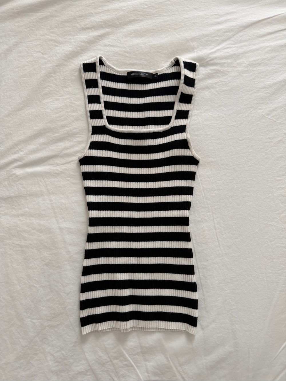 Black & White Striped Square-Neck Ribbed Tank by Merokeety